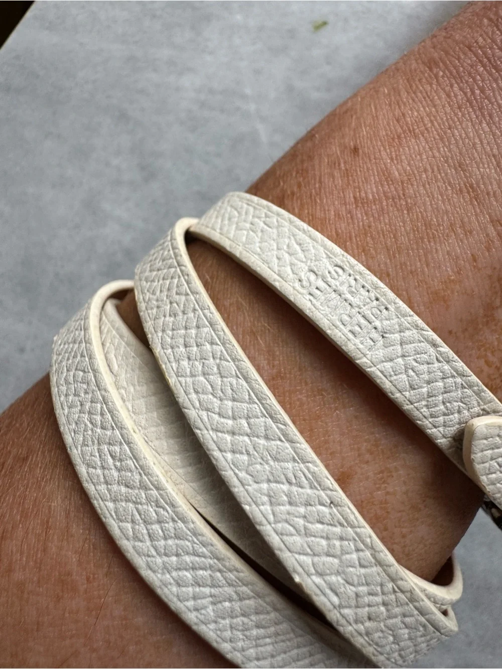 Hermes White Leather Double Tour Bracelet with Silver Buckle